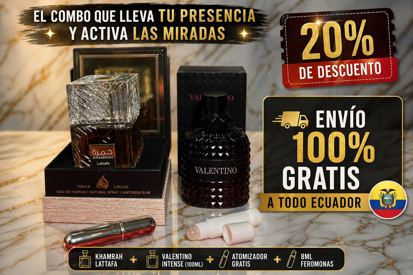 KHAMRAH LATTAFA, VALENTINO INTENSE (100ML) ATOMIZADOR + 8ML FEROMONAS