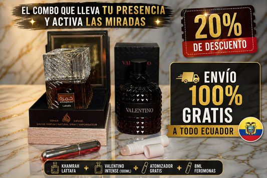KHAMRAH LATTAFA, VALENTINO INTENSE (100ML) ATOMIZADOR + 8ML FEROMONAS